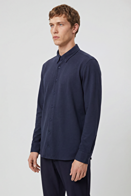 Pamuklu Slim Fit Dar Kesim Örme Gömlek - Navy-L2610157410 (görsel 3)