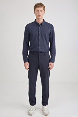 Pamuklu Slim Fit Dar Kesim Örme Gömlek - Navy-L2610157410 (görsel 4)