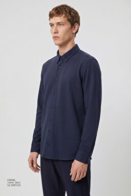 Pamuklu Slim Fit Dar Kesim Örme Gömlek - Navy-L2610157410 (görsel 2)