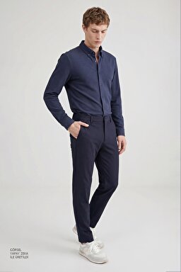 Pamuklu Slim Fit Dar Kesim Örme Gömlek - Navy-L2610157410 (görsel 3)