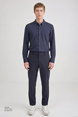 Pamuklu Slim Fit Dar Kesim Örme Gömlek - Navy-L2610157410 (görsel 4)