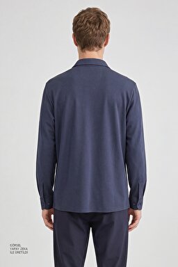 Pamuklu Slim Fit Dar Kesim Örme Gömlek - Navy-L2610157410 (görsel 5)