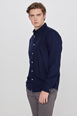 Pamuklu Yumuşak Dokulu Regular Fit Normal Kesim Çizgili Gömlek - Navy-L2610158410
