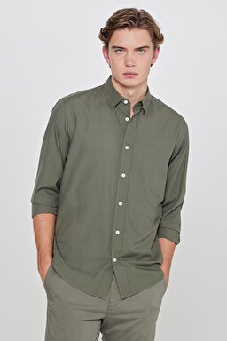 Pamuklu Yumuşak Dokulu Regular Fit Normal Kesim Çizgili Gömlek - Khaki-L2610158801