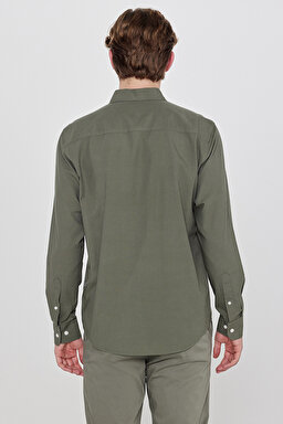 Pamuklu Yumuşak Dokulu Regular Fit Normal Kesim Çizgili Gömlek - Khaki-L2610158801 (görsel 5)