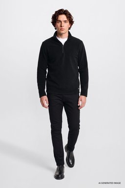 Regular Fit Normal Kesim Yarım Fermuarlı Dik Yaka Gömlek - Black-L2620001001 (görsel 2)