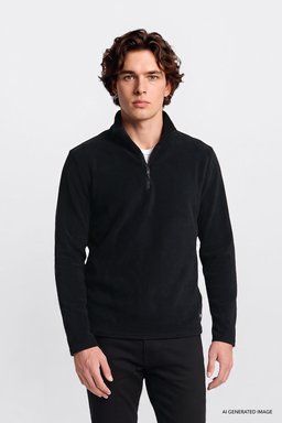 Regular Fit Normal Kesim Yarım Fermuarlı Dik Yaka Gömlek - Black-L2620001001 (görsel 3)