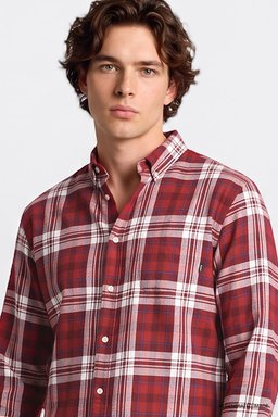 %100 Pamuk Regular Fit Normal Kesim Klasik Yaka Ekose Desenli Gömlek - Red-L2620153600
