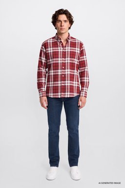 %100 Pamuk Regular Fit Normal Kesim Klasik Yaka Ekose Desenli Gömlek - Red-L2620153600 (görsel 2)