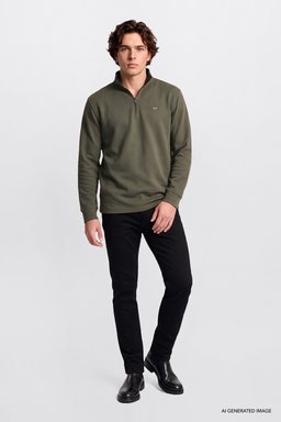 Pamuklu Regular Fit Normal Kesim Bisiklet Yaka Logo Detaylı Sweatshirt - KHAKI-L2620159801 (görsel 2)