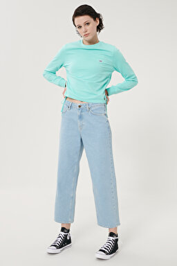 Wide Leg Fit Yüksek Bel Crop Paça Esnek Jean Kot Pantolon - Light Blue-L30SMWJU (görsel 3)