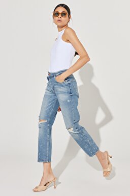 Carol Cropped Straight Fit Yüksek Bel Esnek Jean Kot Pantolon - Mid Indigo-L30U002381 (görsel 4)