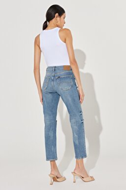 Carol Cropped Straight Fit Yüksek Bel Esnek Jean Kot Pantolon - Mid Indigo-L30U002381 (görsel 8)