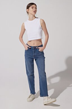Carol Straight Fit Düz Kesim Yüksek Bel Mavi Esnek Jean Kot Pantolon - Mid Blue-L30U008XT (görsel 3)