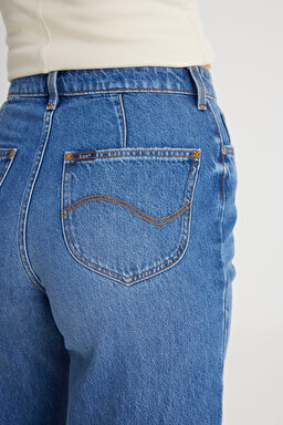 Regular Fit Normal Kesim Yüksek Bel İspanyol Paça %100 Pamuk Stella A Line Mavi Jean Kot Pantolon - Mid Blue-L31S011XT (görsel 4)