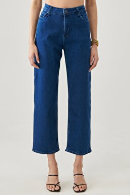Wide Leg Fit Yüksek Bel Geniş Paça Esnek Jean Kot Pantolon - Dark Tanja-L31ZPDUE (görsel 5)