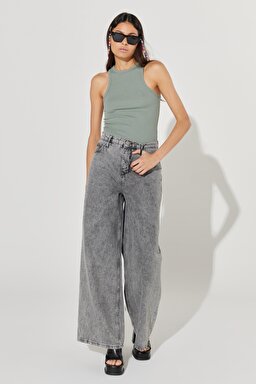 Drew Fit Çok Yüksek Bel Geniş Paça %100 Pamuk Jean Kot Pantolon - Gray-L32A003035 (görsel 2)