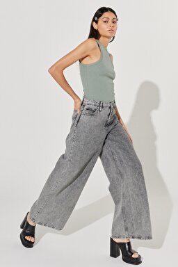 Drew Fit Çok Yüksek Bel Geniş Paça %100 Pamuk Jean Kot Pantolon - Gray-L32A003035 (görsel 3)