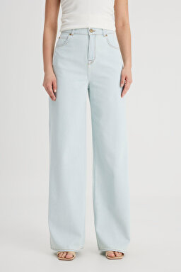 Loose Fit Yüksek Bel Geniş Paça %100 Pamuk Jean Kot Pantolon - Light Fallon-L32AGGOU (görsel 4)