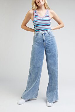 Drew Fit Çok Yüksek Bel Geniş Paça %100 Pamuk Jean Kot Pantolon - Frosted Blue-L32AHLB20 (görsel 2)