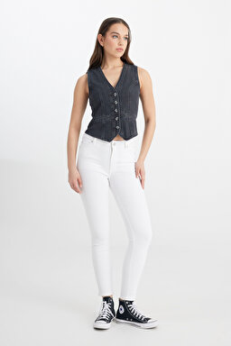 Skinny Fit Dar Kesim Yüksek Bel Çok Dar Paça Forever Fit Kırık Beyaz Jean Kot Pantolon - Bright White-L32S205043F65
