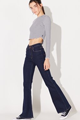 Breese Skinny Fit Yüksek Bel İspanyol Paça Koyu Mavi Esnek Jean Kot Pantolon - Rinse-L32Y00336 (görsel 3)