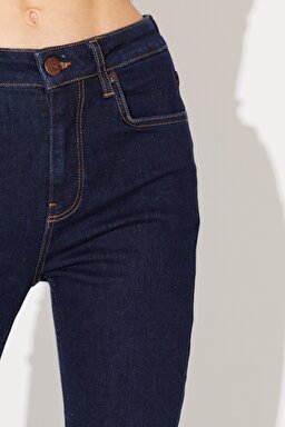 Breese Skinny Fit Yüksek Bel İspanyol Paça Koyu Mavi Esnek Jean Kot Pantolon - Rinse-L32Y00336 (görsel 4)