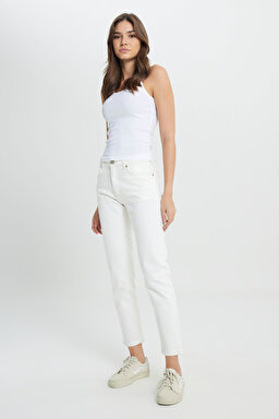 Slim Fit Dar Kesim Normal Bel Dar Paça %100 Pamuk Rider Ekru Jean Kot Pantolon - Concrete White-L34X205108F68 (görsel 2)