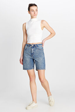 Slim Fit Dar Kesim Normal Bel Mavi Bermuda Jean Kot Şort - Collapsing Wave-L35O205107F92