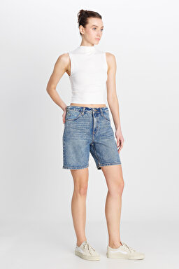 Slim Fit Dar Kesim Normal Bel Mavi Bermuda Jean Kot Şort - Collapsing Wave-L35O205107F92 (görsel 2)