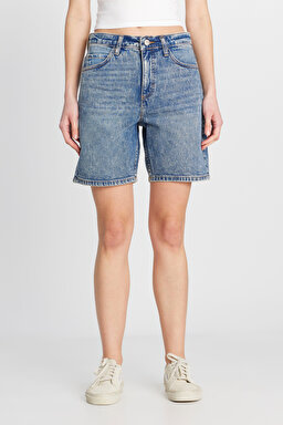Slim Fit Dar Kesim Normal Bel Mavi Bermuda Jean Kot Şort - Collapsing Wave-L35O205107F92 (görsel 3)