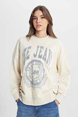Loose Fit Rahat Kesim Bisiklet Yaka Şardonlu Ekru Sweatshirt - Ecru-L36ILJDN