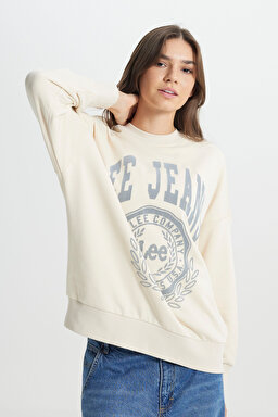 Loose Fit Rahat Kesim Bisiklet Yaka Şardonlu Ekru Sweatshirt - Ecru-L36ILJDN (görsel 3)