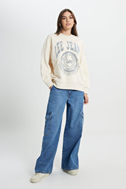 Loose Fit Rahat Kesim Bisiklet Yaka Şardonlu Ekru Sweatshirt - Ecru-L36ILJDN (görsel 4)