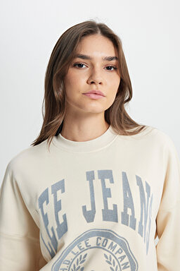 Loose Fit Rahat Kesim Bisiklet Yaka Şardonlu Ekru Sweatshirt - Ecru-L36ILJDN (görsel 5)
