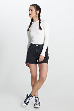 Carol Straight Fit Düz Kesim Yüksek Bel Esnek Jean Kot Şort - Evening Dark-L37CBBB34 (görsel 2)
