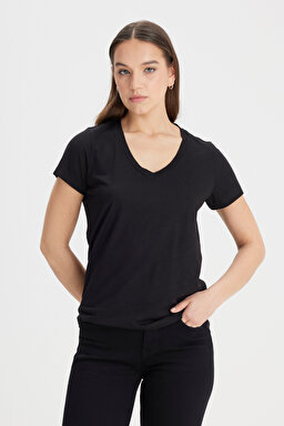 Regular Fit Rahat Kesim V Yaka Tişört - Black-L41JEN01