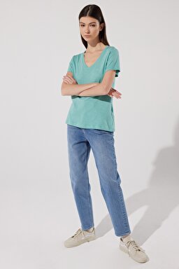 Regular Fit Normal Kesim %100 Pamuk Bisiklet Yaka Yeşil Tişört - Dusty Jade-L41JEN41 (görsel 3)