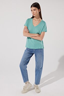 Regular Fit Normal Kesim %100 Pamuk Bisiklet Yaka Yeşil Tişört - Dusty Jade-L41JEN41 (görsel 4)