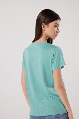 Regular Fit Normal Kesim %100 Pamuk Bisiklet Yaka Yeşil Tişört - Dusty Jade-L41JEN41 (görsel 5)