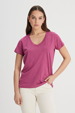 Regular Fit Normal Kesim V Yaka Mor Tişört - Violet Quartz-L41JEN50N