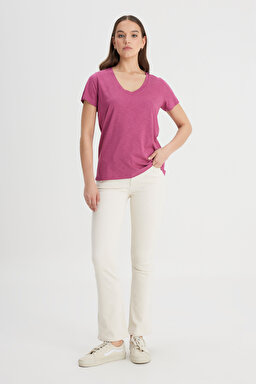 Regular Fit Normal Kesim V Yaka Mor Tişört - Violet Quartz-L41JEN50N (görsel 3)