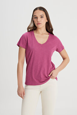 Regular Fit Normal Kesim V Yaka Mor Tişört - Violet Quartz-L41JEN50N (görsel 4)