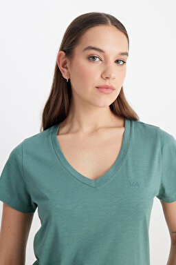 Regular Fit Normal Kesim V Yaka Haki Tişört - Khaki-L41JEN801 (görsel 2)