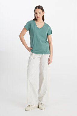 Regular Fit Normal Kesim V Yaka Haki Tişört - Khaki-L41JEN801 (görsel 3)