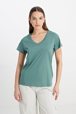 Regular Fit Normal Kesim V Yaka Haki Tişört - Khaki-L41JEN801 (görsel 4)