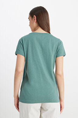 Regular Fit Normal Kesim V Yaka Haki Tişört - Khaki-L41JEN801 (görsel 5)