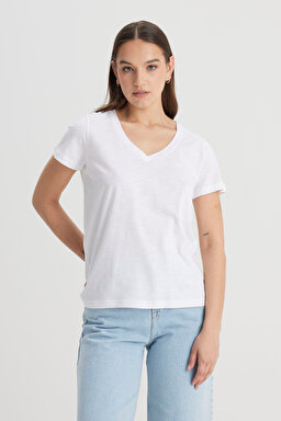 Regular Fit Rahat Kesim V Yaka Tişört - Bright White-L41JENLJ