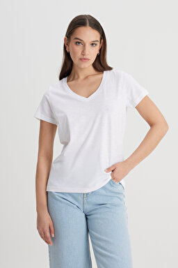 Regular Fit Rahat Kesim V Yaka Tişört - Bright White-L41JENLJ (görsel 2)