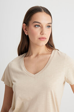 Regular Fit Rahat Kesim V Yaka Tişört - Oxford Tan-L41JENUQ (görsel 2)
